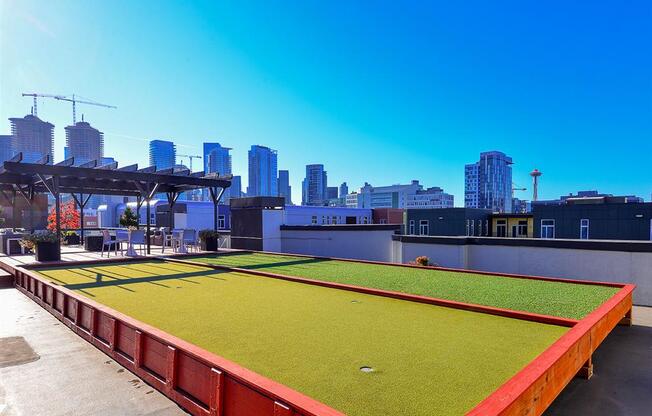 a soccer field on the roof of a building with a cityscape in the background