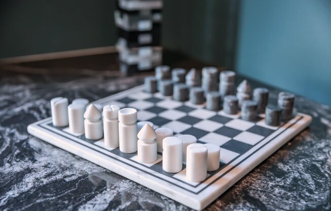 Marble chess board in rooftop lounge at Vesi apartments