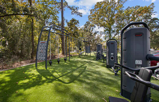 a group of exercise equipment on the grass at a park