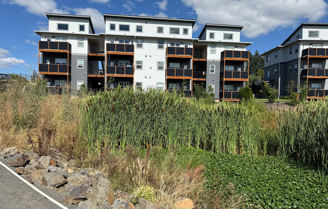 A view of modern apartment at Verda Crossing Apartments with balconies and a path in front.