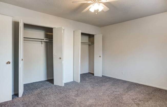 Interior view of bedroom with two large closets