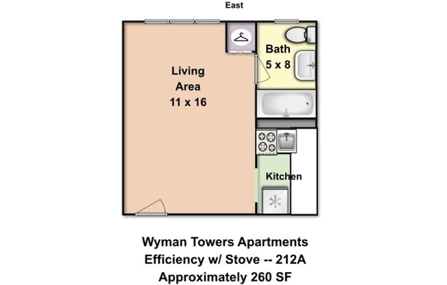 Studio, 1 bath, 240 sqft, $1,100, Unit 212A
