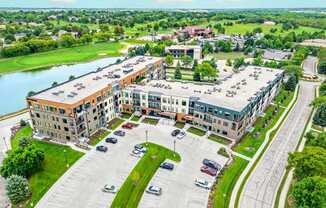 A luxury apartment building with a private courtyard next to the Wilderness Ridge golf course in the Wilderness Ridge neighborhood in Lincoln, NE.