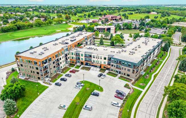 A luxury apartment building with a private courtyard next to the Wilderness Ridge golf course in the Wilderness Ridge neighborhood in Lincoln, NE.