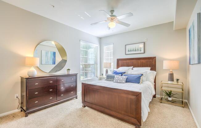 bedroom with cozy bed at Stone Canyon Apartments, Riverside, California
