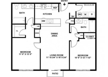 2 beds, 2 baths, 931 sqft, $1,288