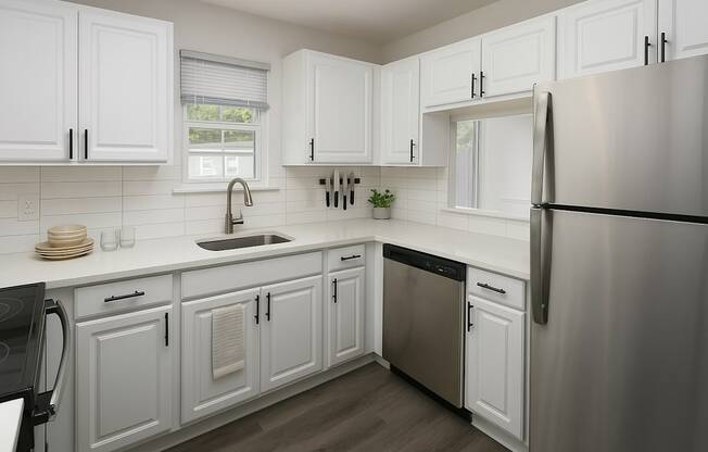 A kitchen with white cabinets and a stainless steel refrigerator.