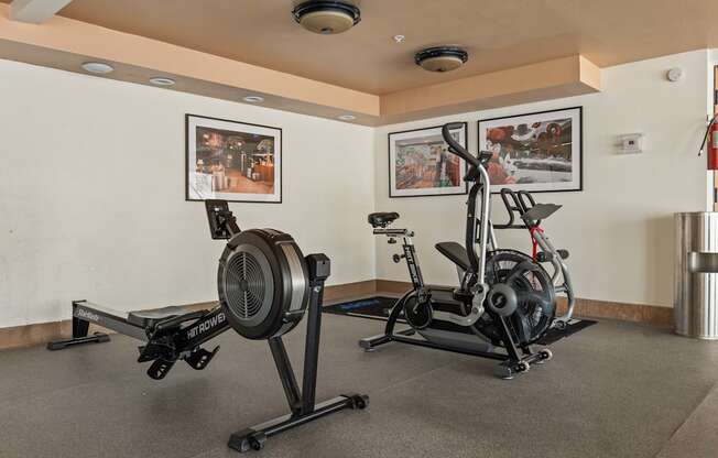 A gym with a rowing machine and an exercise bike.