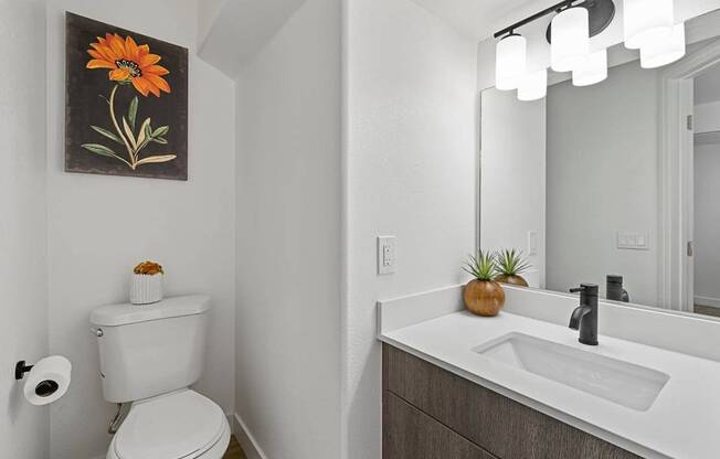 A bathroom with a toilet, sink, and a flower painting on the wall.