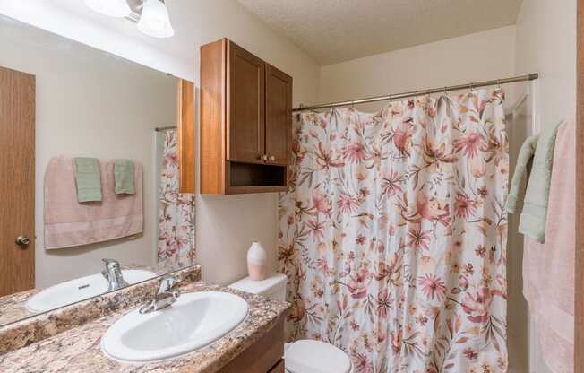 a bathroom with a shower curtain and a sink and a toilet. Fargo, ND Parkwood