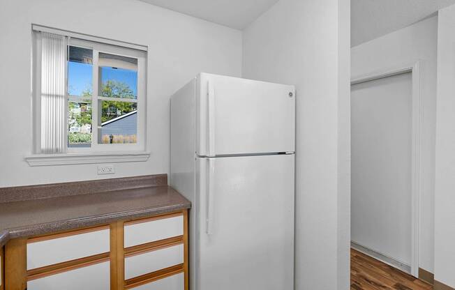 a kitchen with a refrigerator and a window