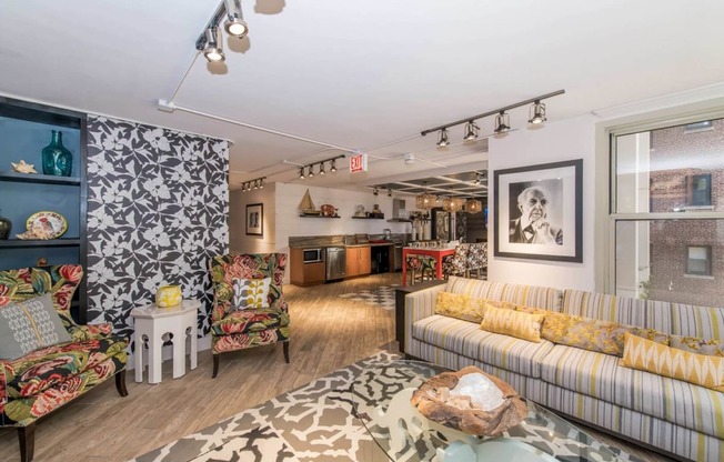 a living room with a couch and a table