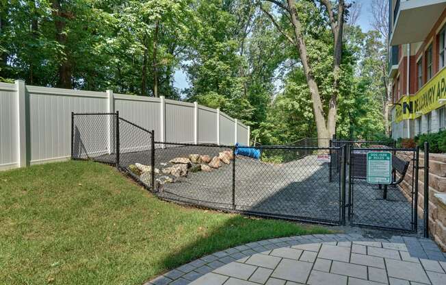 a dog park in a yard with a fence and a dog