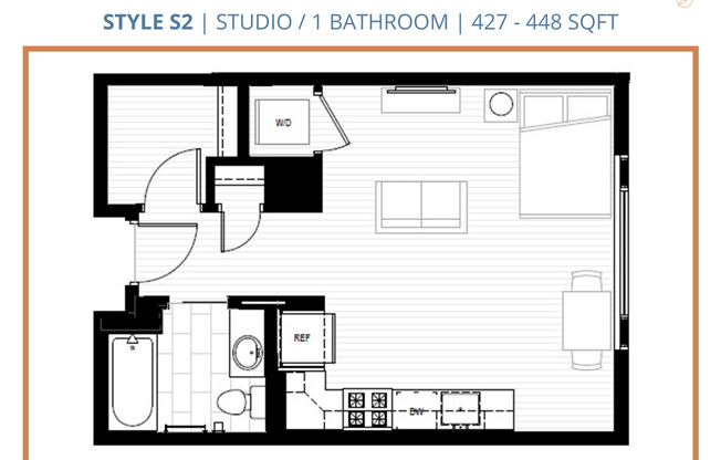 Studio, 1 bath, 427 sqft, $1,440, Unit 110