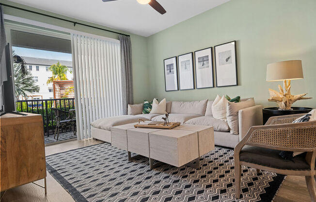 a living room with a couch and a table