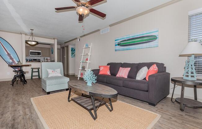 a living room with a couch and a chair