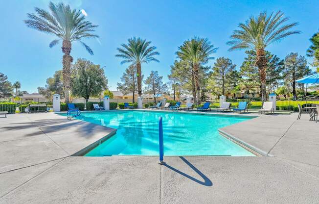 Heated swimming pool at Country Club at The Meadows Senior Apartments in Las Vegas, NV, For Rent. Now leasing 1 and 2 bedroom apartments.