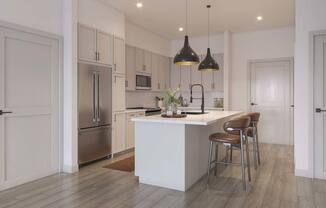 A modern kitchen with a white island and stainless steel appliances.at Elysium, Phoenix, AZ 85054