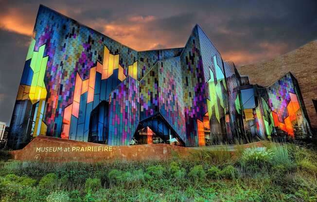 The Museum at Prairiefire is a vibrant, colorful building.