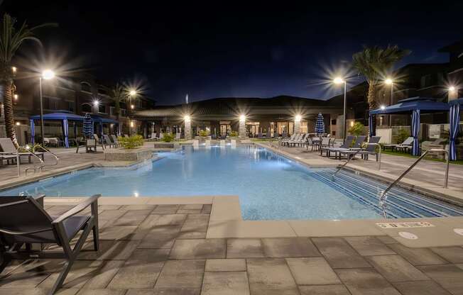 Night shot of Level 25 at The Curve's resort style pool.