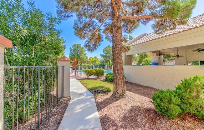 Walking path of Country Club at Valley View Senior Apartments in Las Vegas, NV, For Rent. Now leasing 1 and 2 bedroom apartments.