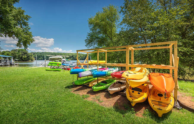 A row of colorful kayaks are lined up on a grassy area.