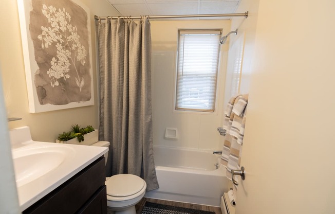 a bathroom with a shower toilet and sink and a shower curtain