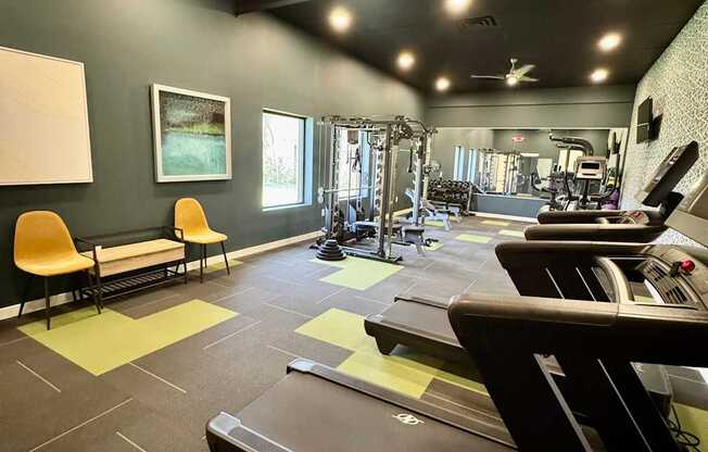 A gym with treadmills, weights, and exercise equipment.