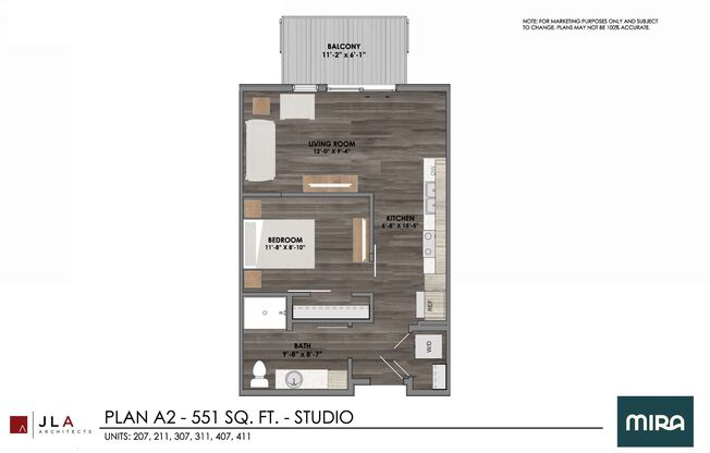 Studio, 1 bath, 551 sqft, $1,295, Unit #407