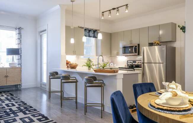 luxury kitchen and open-concept living area at Reveal on the Lake apartments