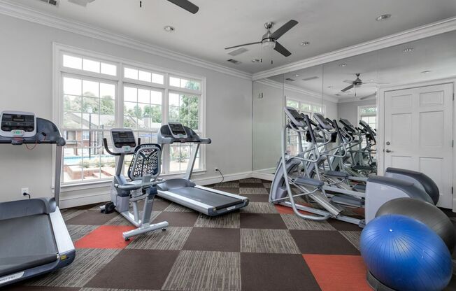View of Fitness Center, Showing Cardio Machines, Exercise Balls, and Window Views at Retreat at Peachtree City Apartments