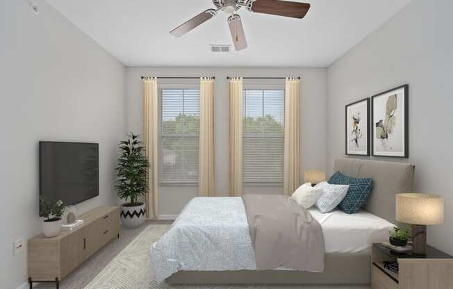 the preserve at ballantyne commons bedroom with bed and ceiling fan