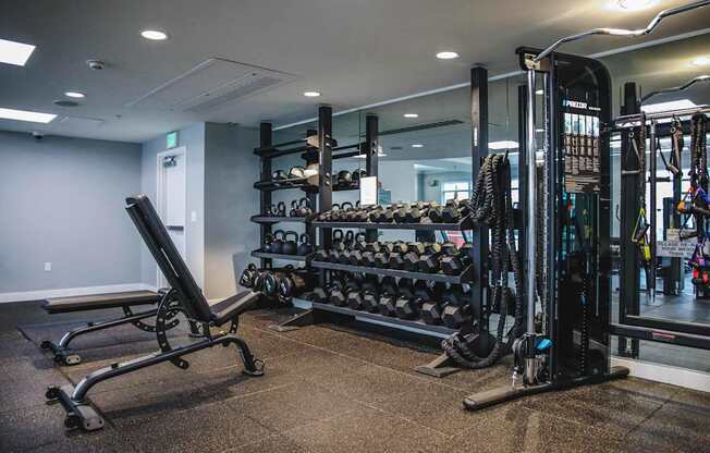 a home gym with weights and a rack of dumbbells