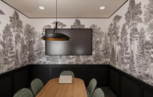 The private conference room at Modera Bridle Trails offers a polished setting for meetings, focus time, and collaboration.