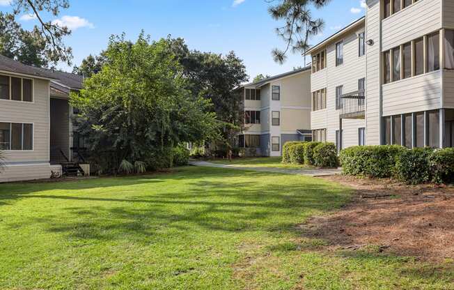 A grassy area in front of apartment buildings.