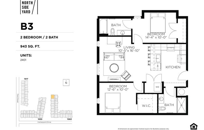2 beds, 2 baths, 943 sqft, $1,950, Unit 2401