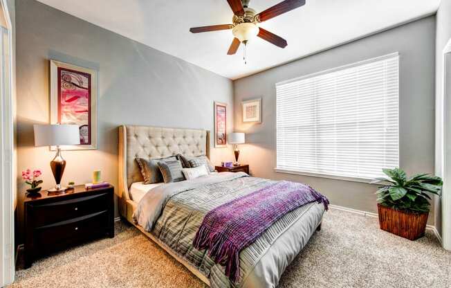 bedroom with large window and ceiling fan