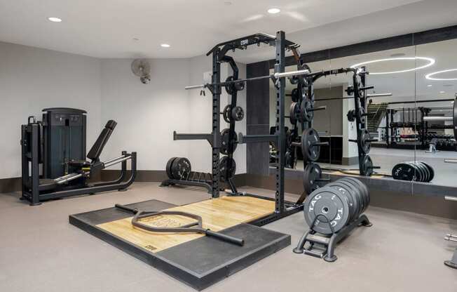 a home gym with weights and exercise equipment at Preston Ridge, North Carolina, 27513