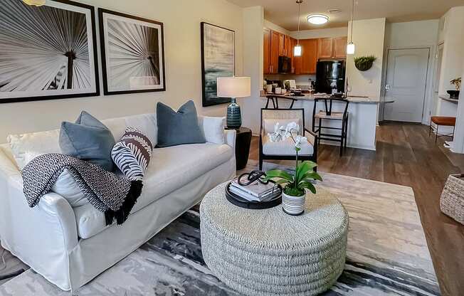 Open living room kitchen and dining area  at Two Addison Place Apartments , Pooler
