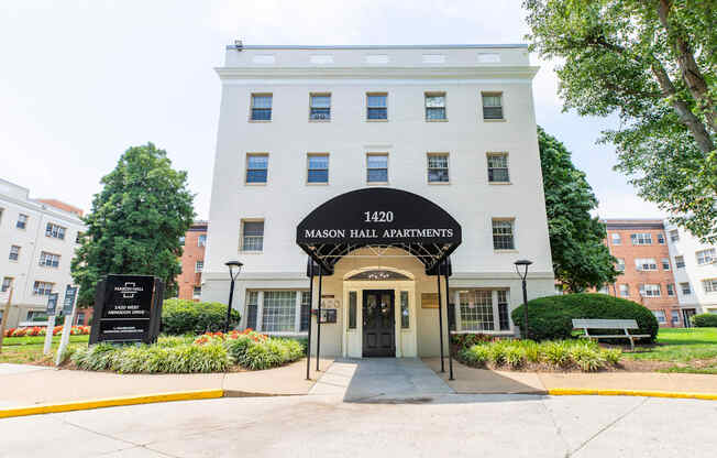 Exterior and entrance at Mason Hall Apartments in Alexandria, VA 22314