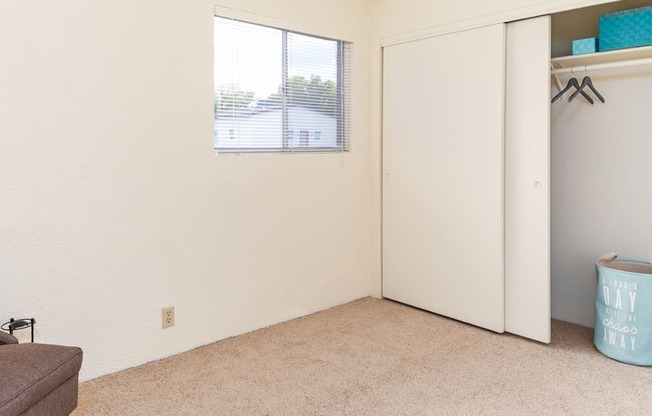 Cottonwood Creek bedrooom with sliding door closet and window. 