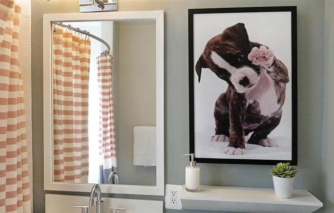 Upscale bathroom featuring framed vanity at Alister Morristown, Morristown, NJ, 07960