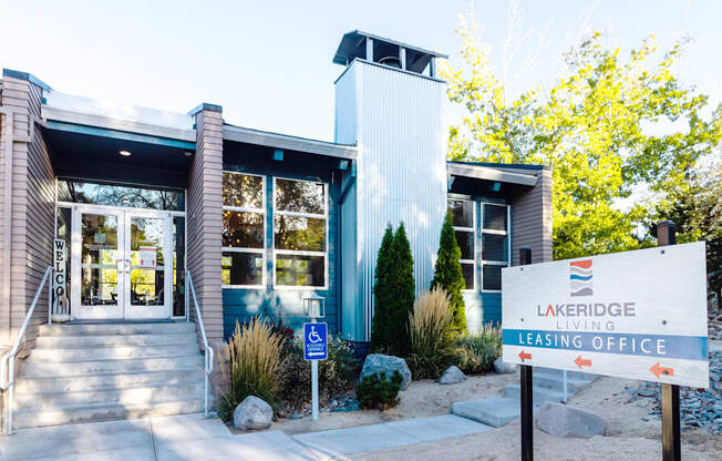 the exterior of a building with a sign