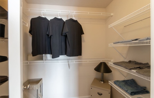 This is a photo of the primary bedroom walk-in closet in the 1016 square foot, 2 bedroom, 2 bath Nautica floor plan at Nantucket Apartments in Loveland, OH.