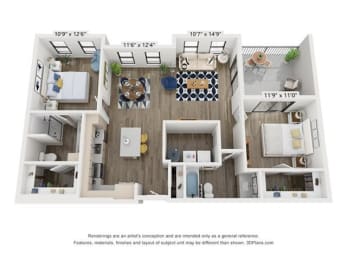 2 beds, 2 baths, 1,225 sqft, $1,872