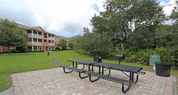 Accessible picnic area with grill and seating at The Columns at Bear Creek, New Port Richey, FL