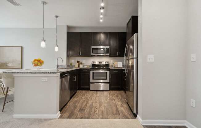 a kitchen with dark cabinets and stainless steel appliances