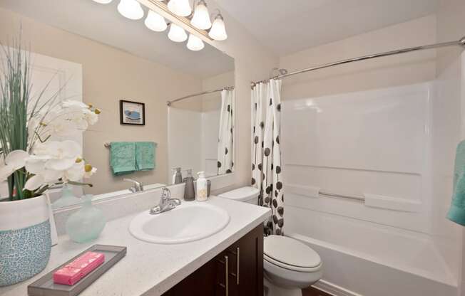 a bathroom with a sink vanity with quartz counters, a toilet and a shower at Folsom Ranch Apartments in California