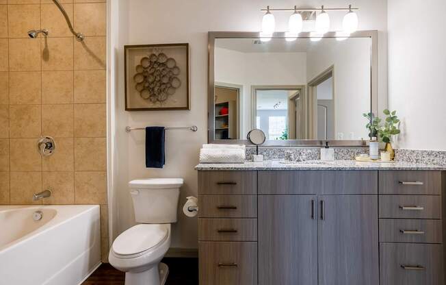 A bathroom with a toilet, sink, and mirror.