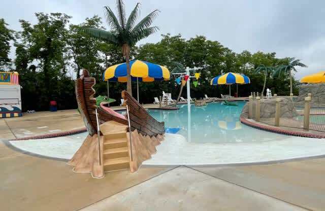A pirate ship water slide in a water park.
